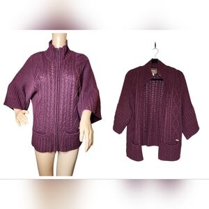 Roots lambswool-blend knit sweater zip cardigan. Pockets.  3/4 sleeve. XS.